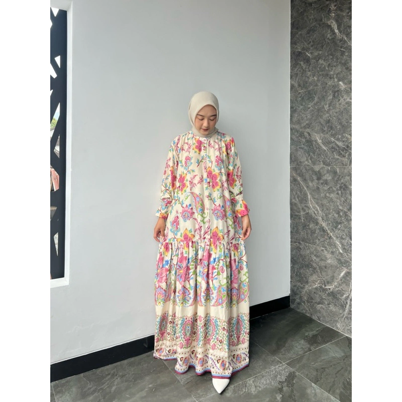 ALEYA DRESS Rayon motif gamis rempel kancing Wanita