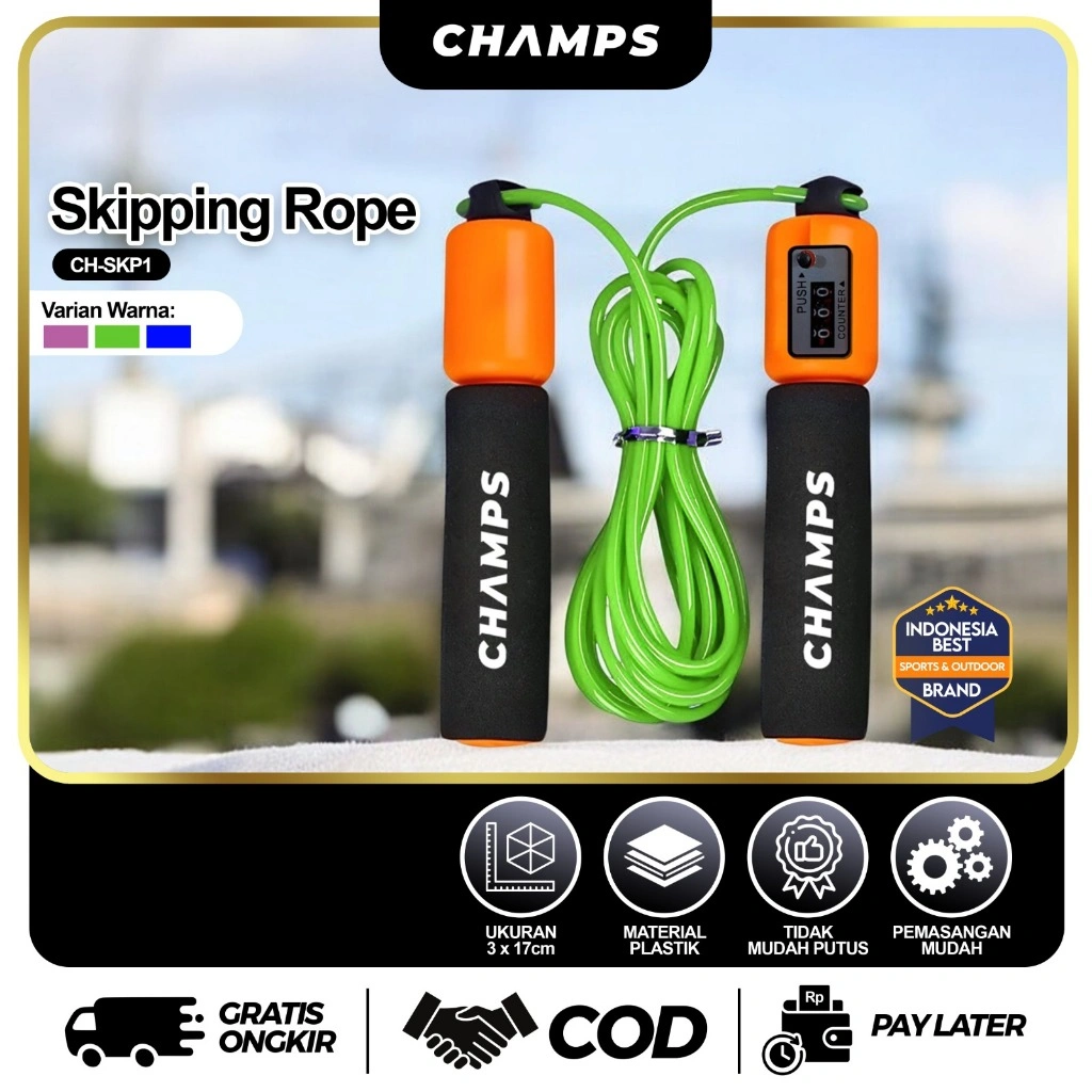 CHAMPS Skipping Rope Otomatis – Tali Lompat Olahraga Cardio dengan Counter & Handle Empuk CH-SKP1