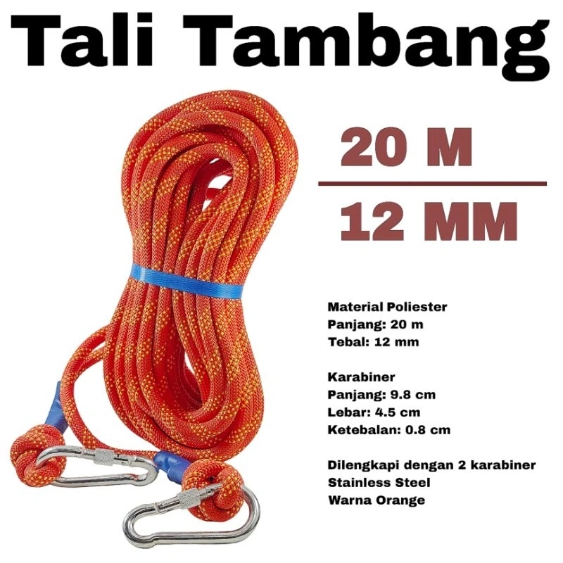 Tali Tambang 12mm Tali Panjat Tebing Polyester 20 Meter Paracord + 2 Karabiner