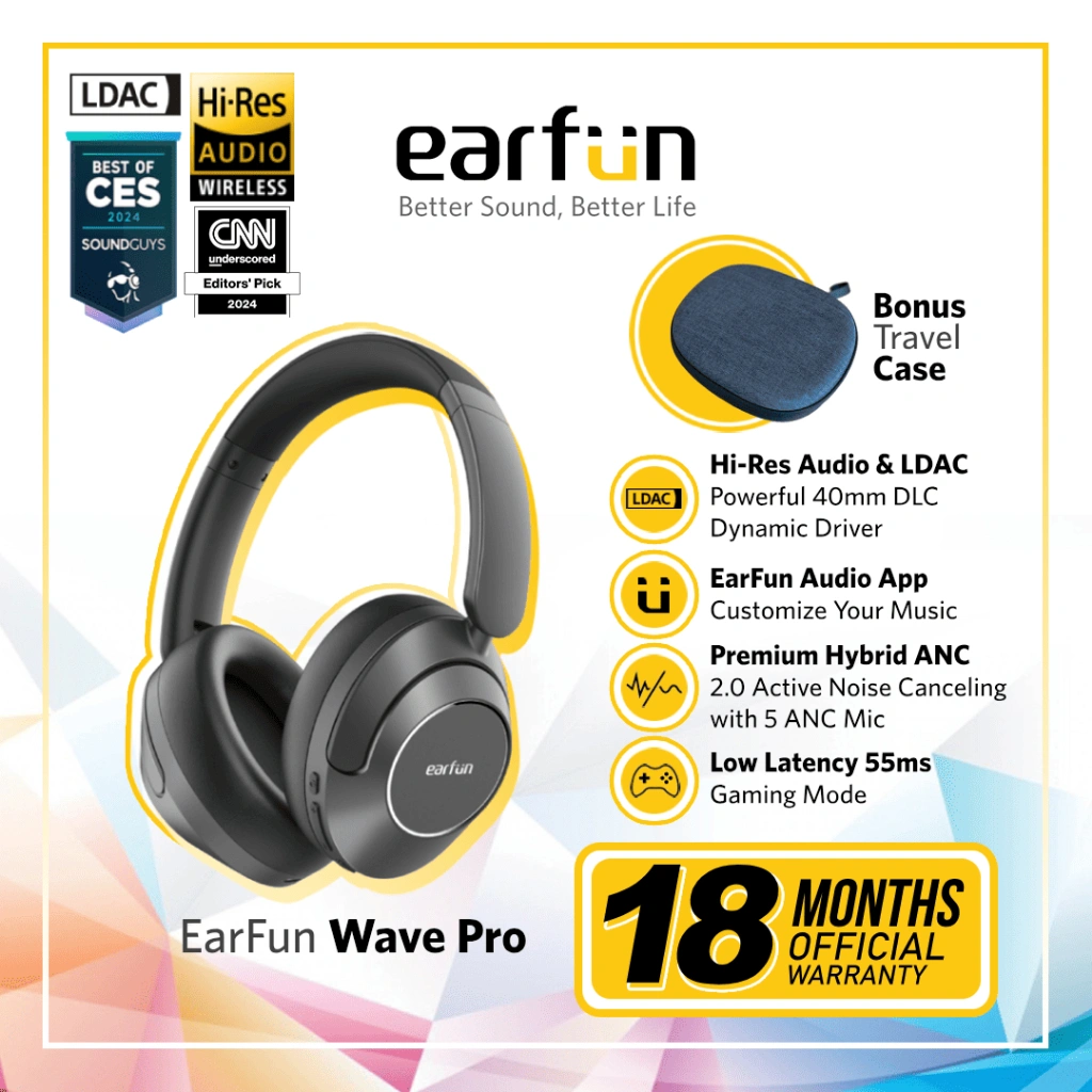 EarFun Wave Pro - Black - Hi-Res LDAC Wireless Headphones with Premium Hybrid ANC