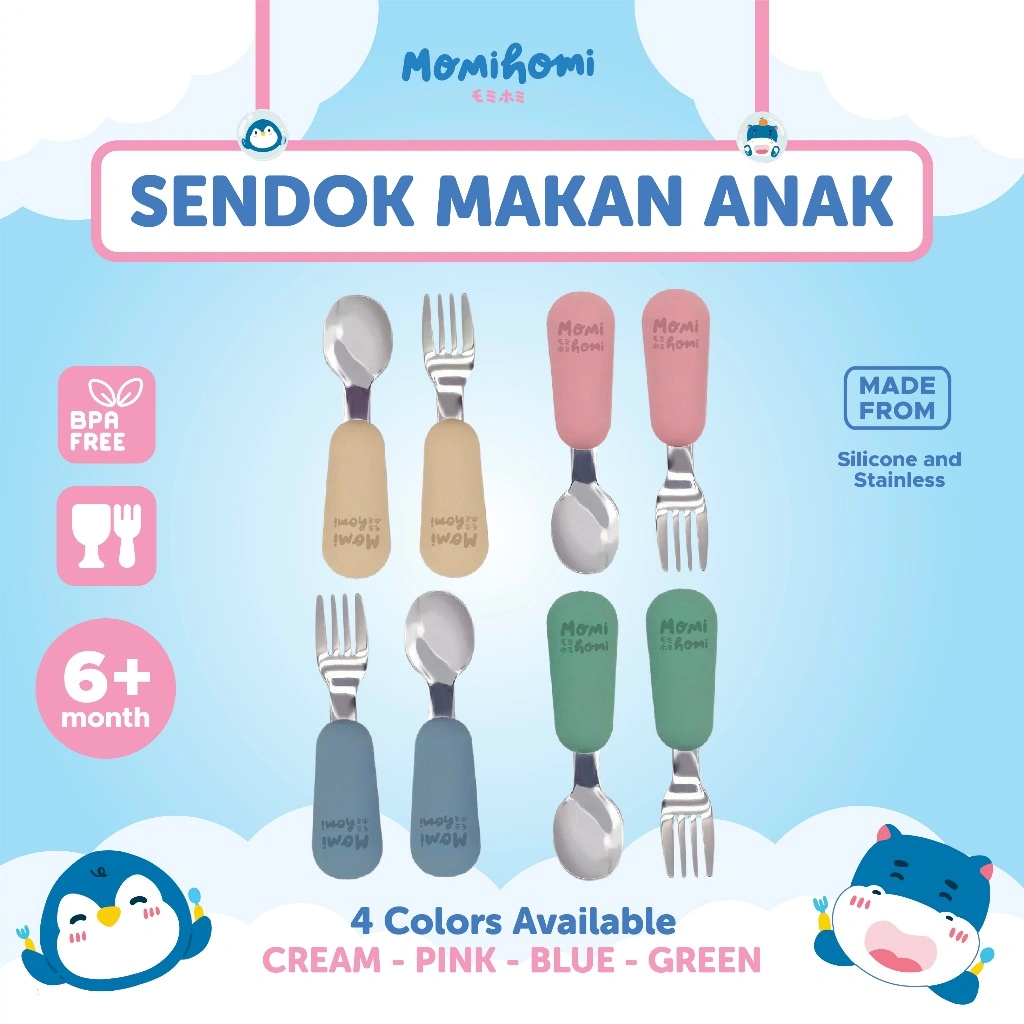 {STAINLESS LEBIH KUAT} Momi Homi Sendok Makan Bayi 3017 Set Stainless Sendok Garpu BPA Free Food Grade Set Sendok Makan Bayi 2 in 1 Anti Karat Peralatan Makan Perlengkapan MPASI Training Spoon And Fork Aman Untuk Anak