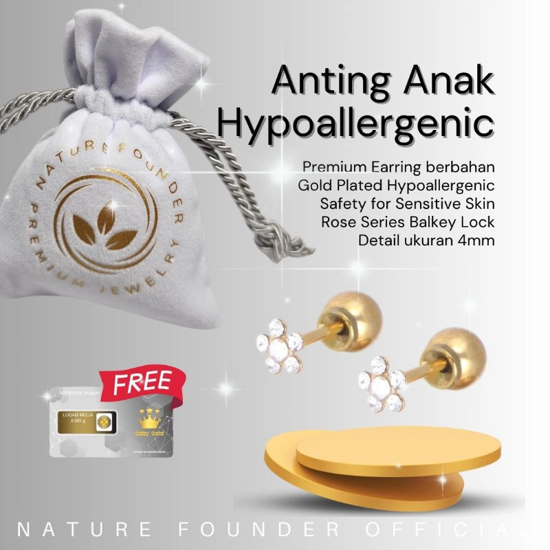Anting White Rose Balkey/ Anting Hypoallergenic Nature Founder/ Anting Bayi/ Anting Anak/ Anting Dewasa/ Anting Anti Alergi