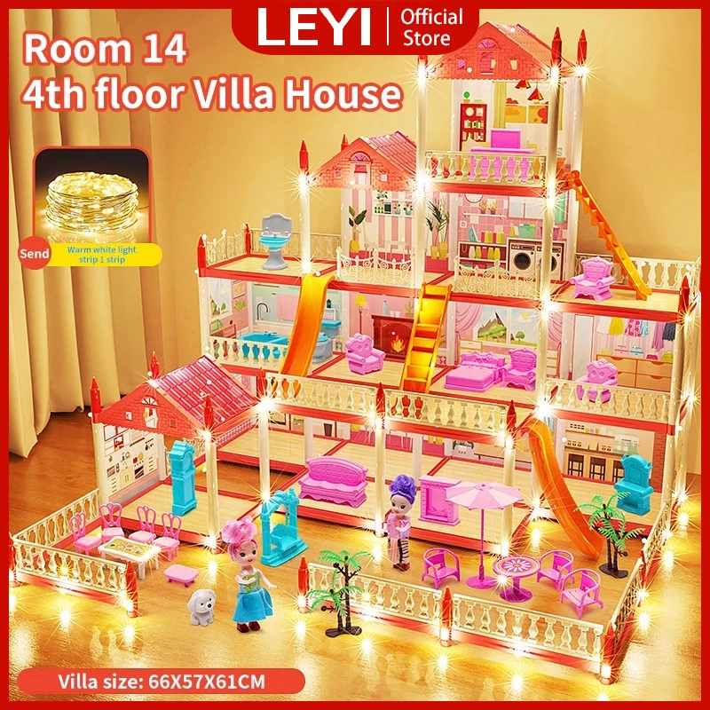 LEYI Rumah Mainan Rumah Rumahan 3D Princess Kastil Villa Dengan Lampu Dan Boneka Perakitan