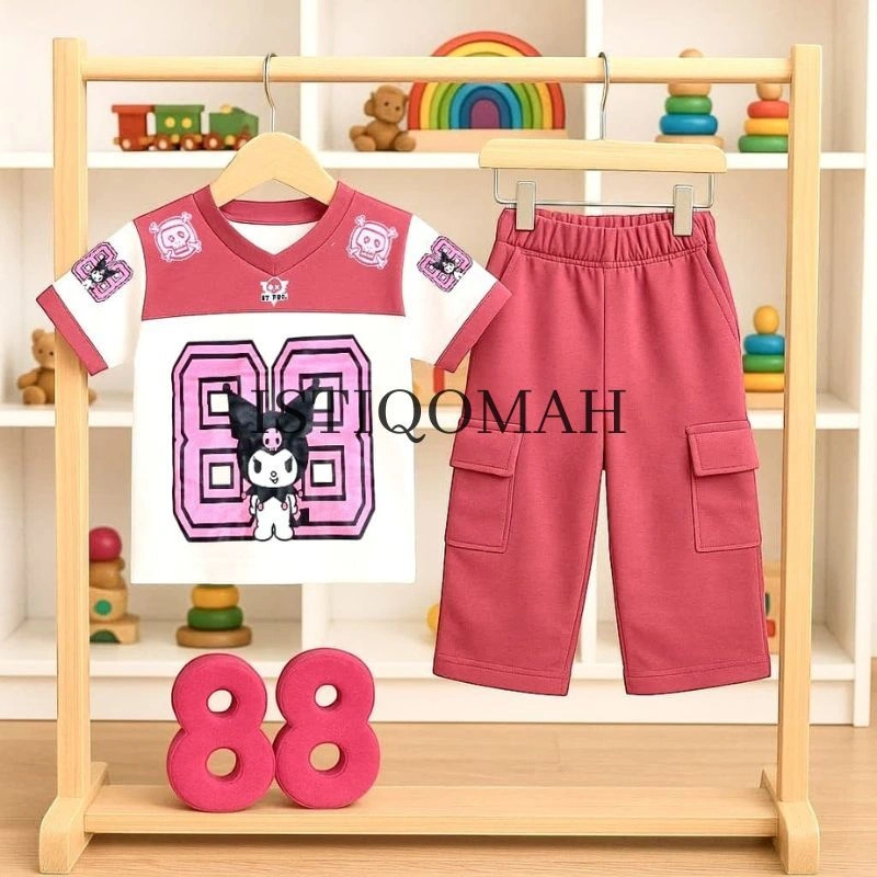 One Set Anak Jersey Celana Cargo Motif Kuromi 3-12 Tahun / Baju Anak Perempuan