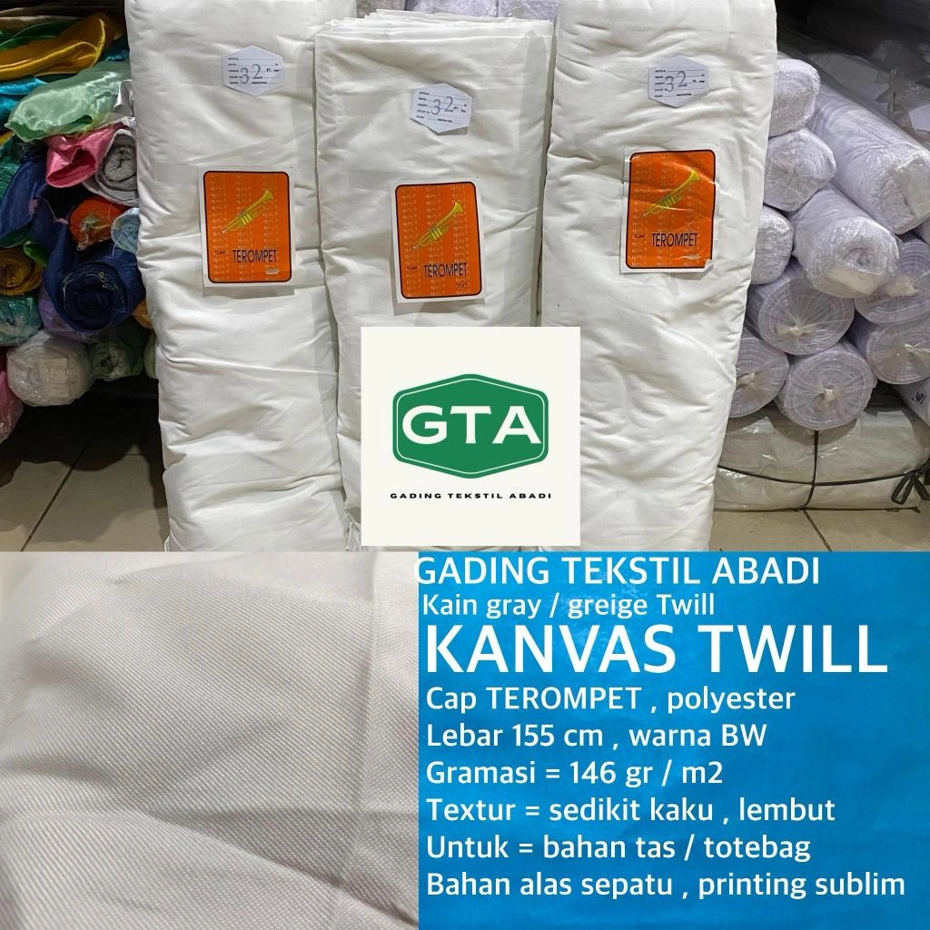 ( per setengah meter ) kain KANVAS TWILL cap TEROMPET lebar 155 cm canvas polyester grey greige blacu belacu bahan tas tote bag sepatu dekorasi alas piknik background foto backdrop tirai hordeng gorden kerajinan tangan