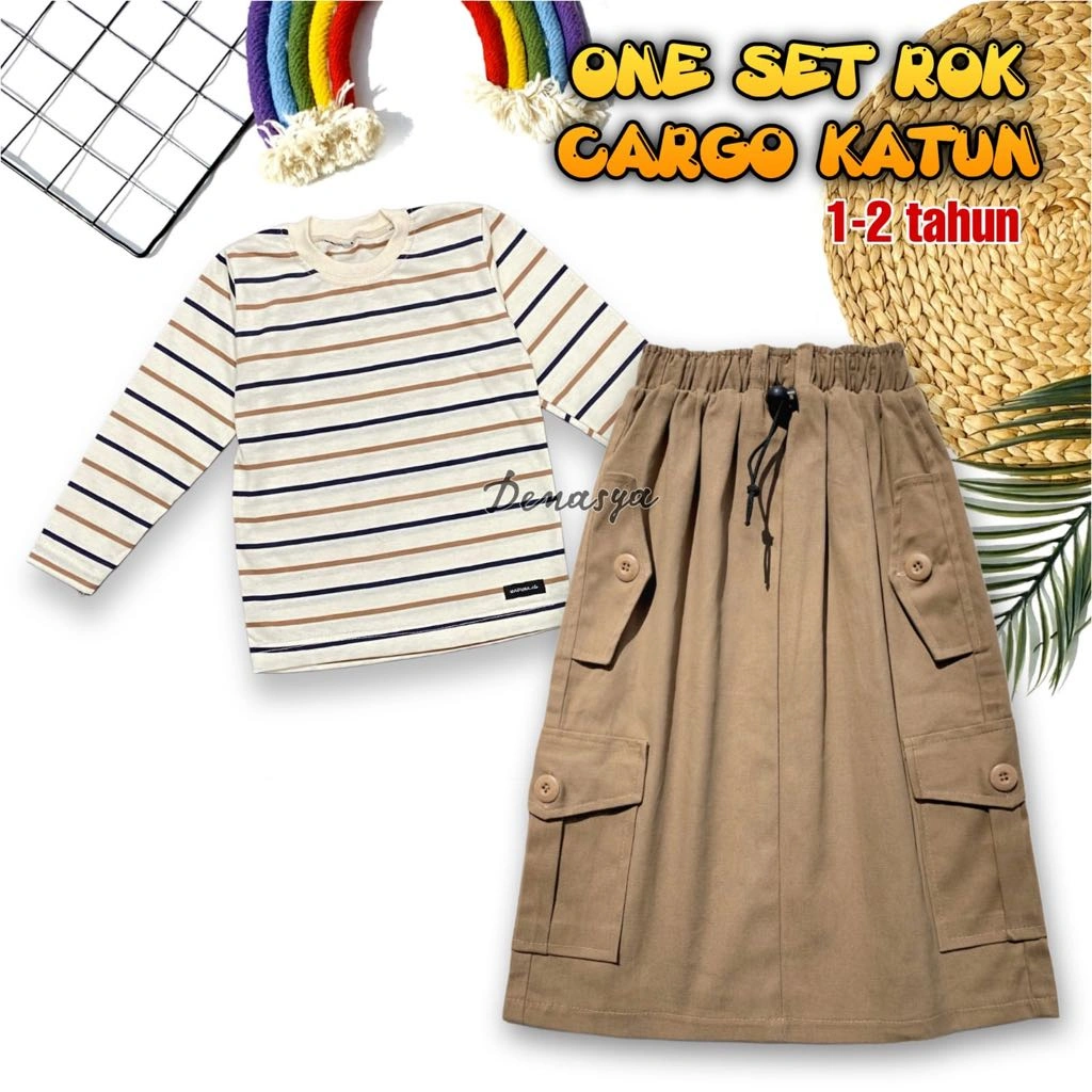 SETELAN ROK CARGO KATUN ANAK PEREMPUAN / ONE SET KAOS STRIPE BELANG ANAK USIA 1-12 TAHUN KEKINIAN