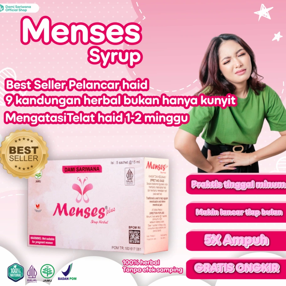 Menses Cair Syrup Sirup Jamu Herbal 1 Box isi 5 Sachet – Obat Haid Menstruasi Datang Bulan Pink Nyeri Haid Pelancar Melancarkan Pereda Meredakan Kram Perut Nteri Herbal Alami Melancarkan Menstruasi – Suplemen Kesehatan Wanita BPOM HALAL