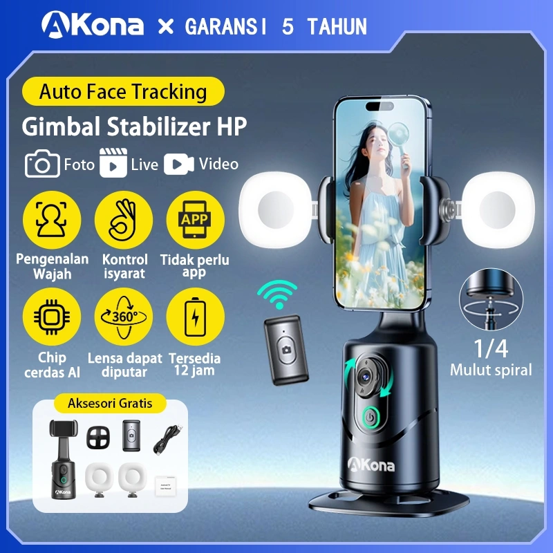 Akona Gimbal Stabilizer Hp 360° Auto Face Tracking For Tripod Handphone Bluetooth Remote Kontrol Isyarat With Lampu Led Konten Kreator Anti Goyang