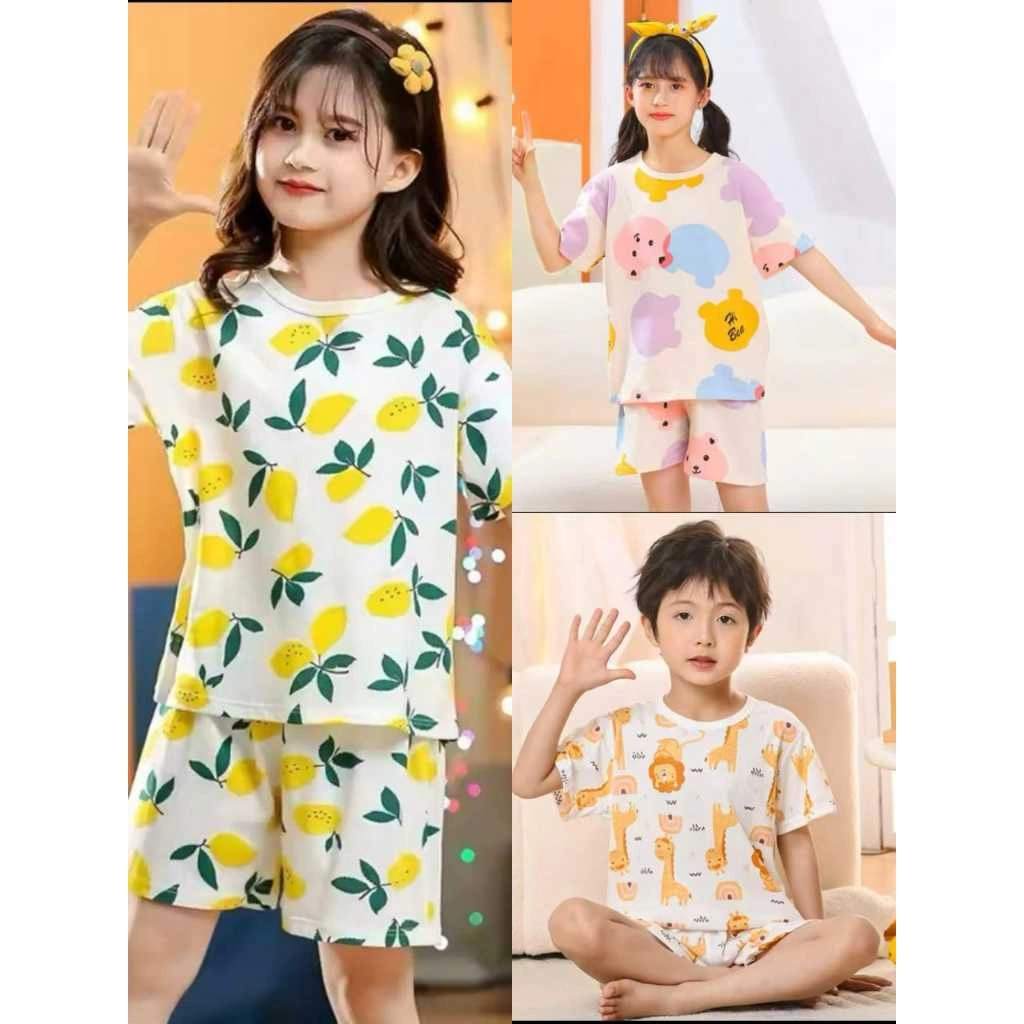 Stelan Baju Tidur Anak Perempuan dan Laki laki baju one set harian fullprint anak piyama dan baju tidur usia 2 sampai 10 tahun