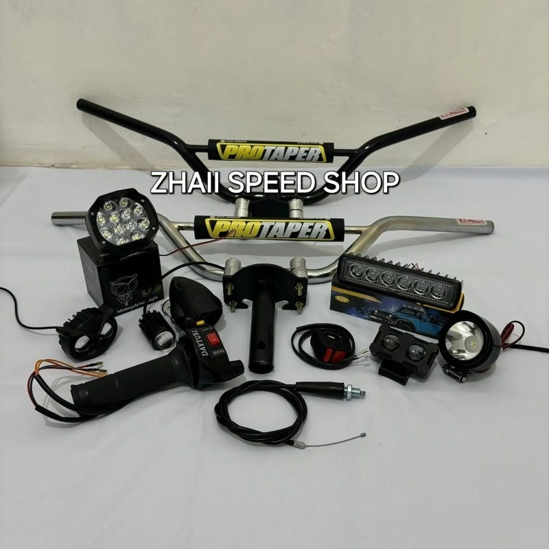 PAKETAN STANG STIR TRAIL PROTAPER ADAPTOR HONDA YAMAHA GAS 2 TOMBOL LAMPU SOROT DAN FREE SAKLAR ON OFF STANG