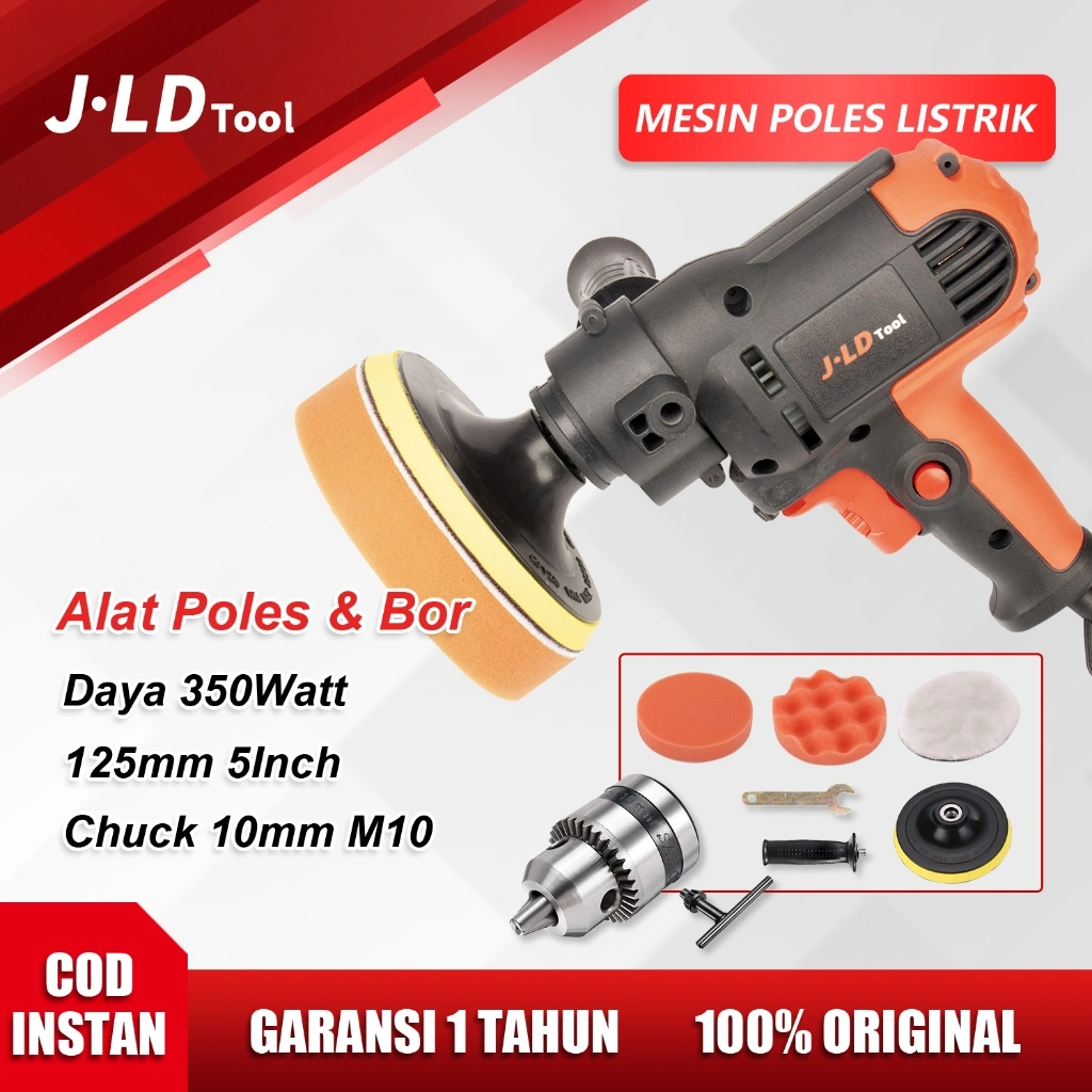 J.LD TOOL Mesin Poles Listrik 5inch 125mm Electrik Polisher J3310 Alat Poles Body Mobil Lengkap dengan Chuck 10mm Bor Bolak Balik