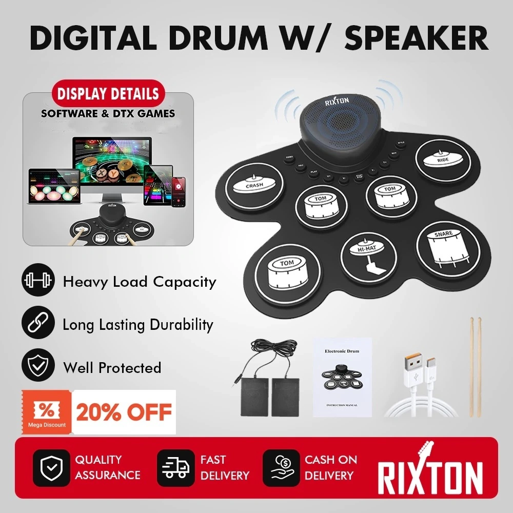 RIXTON Portable Electronic Drum Digital USB 7/9 Pads Roll up Drum Set Silicone Electric Drum Pad Kit
