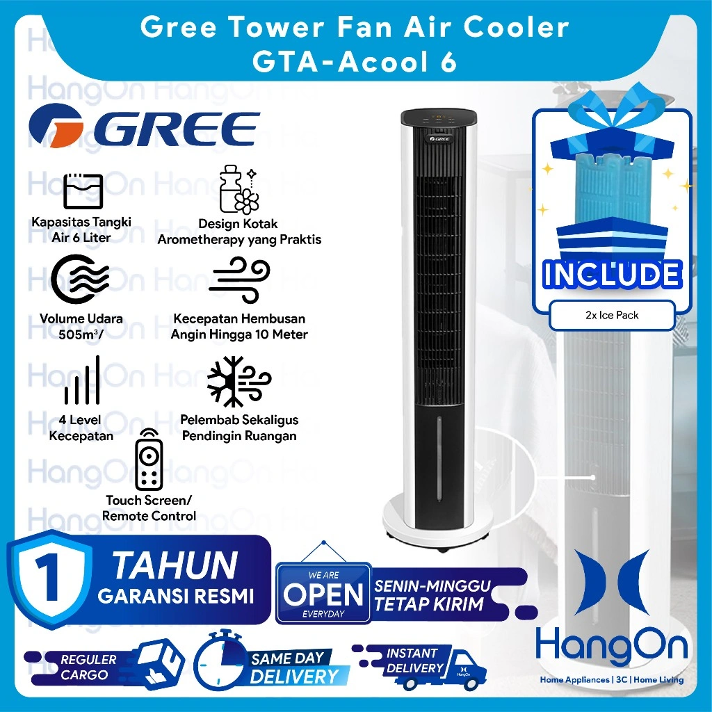 GREE ACOOL 6 Tower Fan Air Cooler Model GTA-ACOOL6 Kipas Angin Penyejuk Ruangan 6 Liter with ACOOL 4 Kapasitas 4 Liter