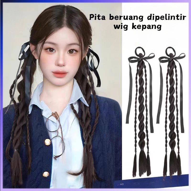 HIL-0507 Putar wig kepang Extension Rambut Sintetis Model Kepang Wig Wanita Kepang Wig Kuncir Kuda Ganda Kepang Ekstensi Rambut Kepang Model