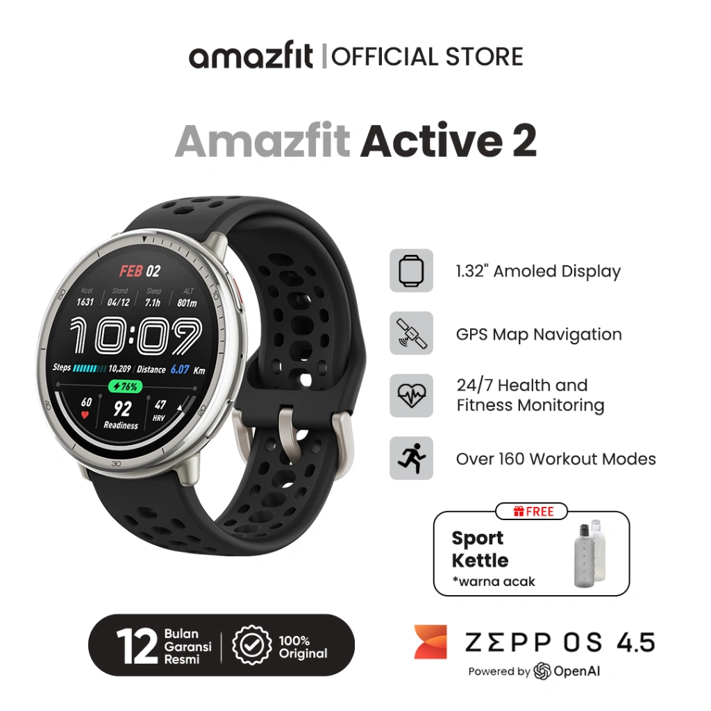 Amazfit  Active 2 Smartwatch  5 ATM Tahan Air  160+ Mode Olahraga  GPS Bawaan  Notifikasi WhatsApp