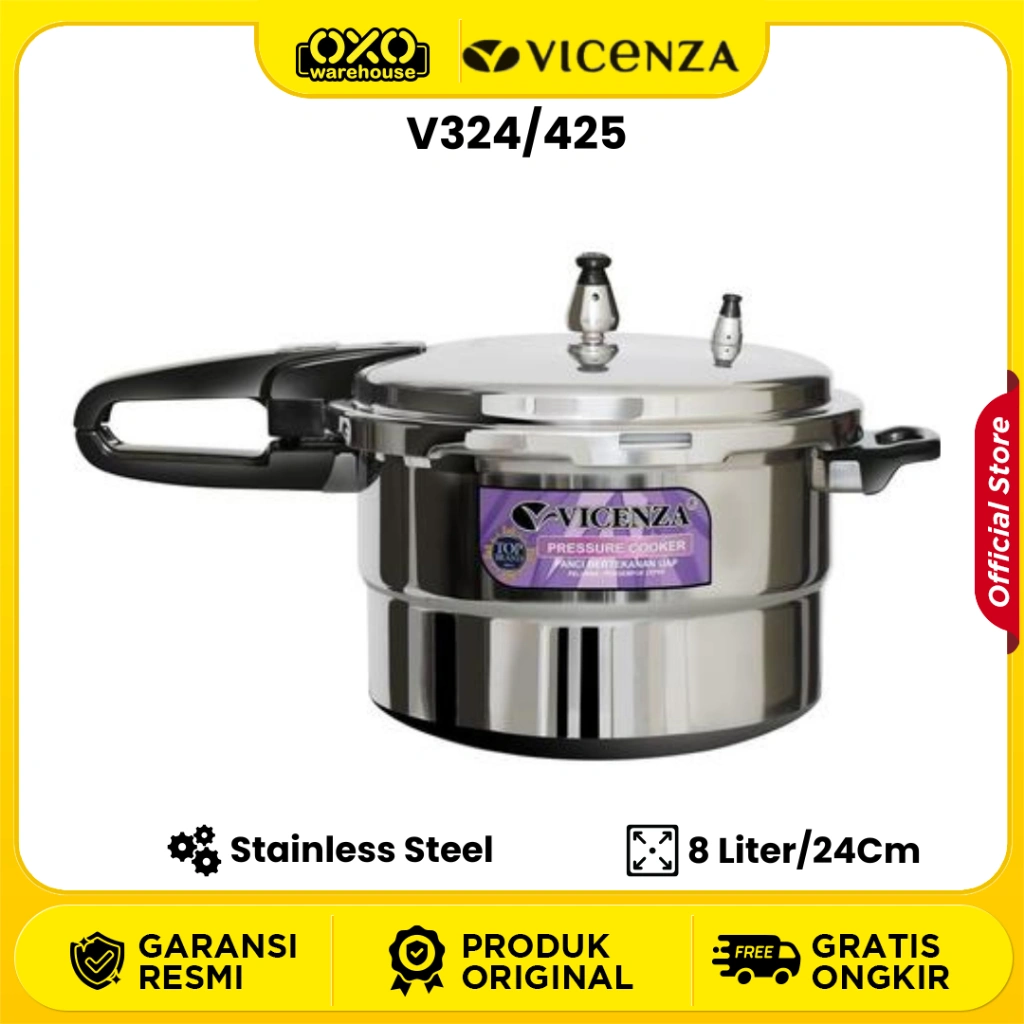 VICENZA PRESSURE COOKER  V324/V424 Panci Presto Kapasitas 8L Stainless Steel Garansi Resmi