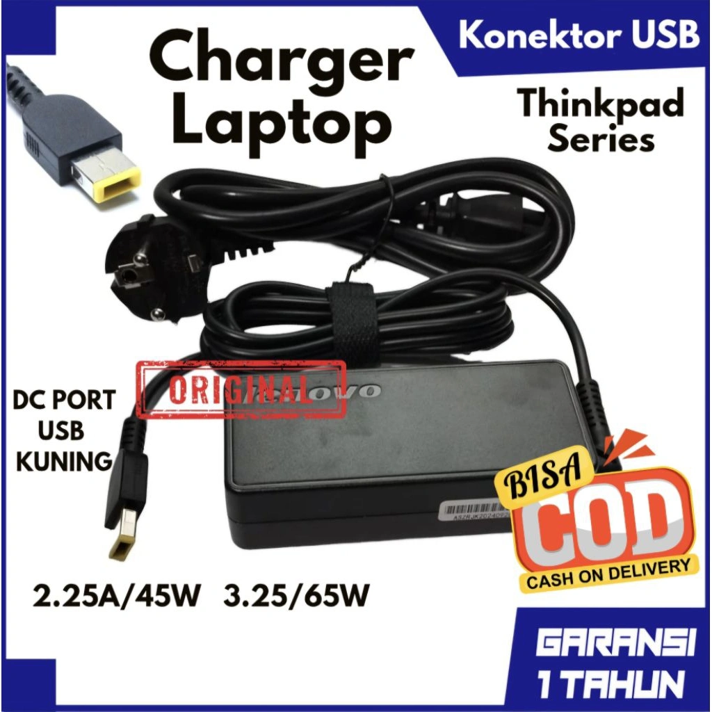 [GARANSI 1 TH] Charger Laptop Lnvo ThnkPd Original USB Plug X Y Z B E G S T Series X270 X260 X250 X240 G40 T440 B40 Colokan USB Kuning Kotak