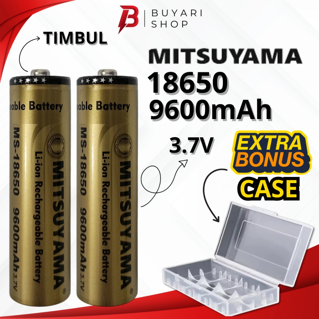 18650 MITSUYAMA 3.7v 9600mAh TIMBUL Original Battery Baterai 18650 Mitsuyama Original Baterai Senter Kipas Angin Portabel + BONUS CASE