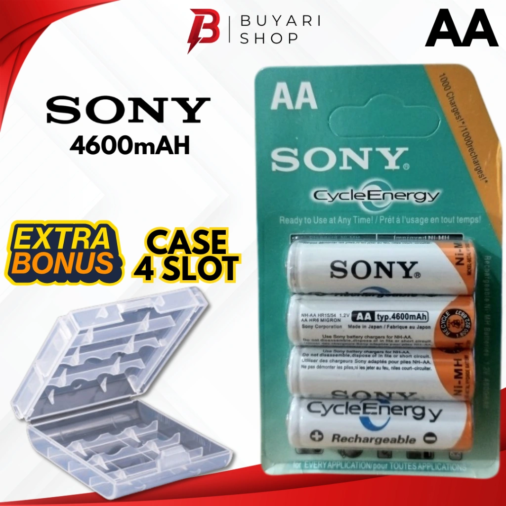 GRATIS CASE!!! Baterai AA Sony 4600mAh Isi 4 Cas Rechargeable Recharge dan Charger Charge Isi Ulang Murah Sony Batre AA Rechargeable Charger Cas Ulang Recharger Baterai Cas Casan AA A2 Besar Mobil Remote Mobil Remot Charger Baterai AA AAA 4 Slot