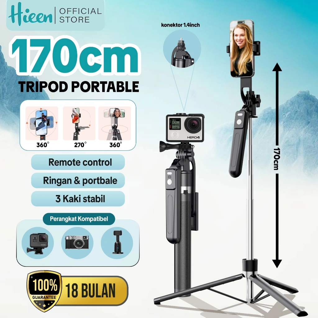 Hieen Tripod TR13S Remote Bluetooth Hand Stabilizier Tongsis Multifungsi 170cm Stainless Steel