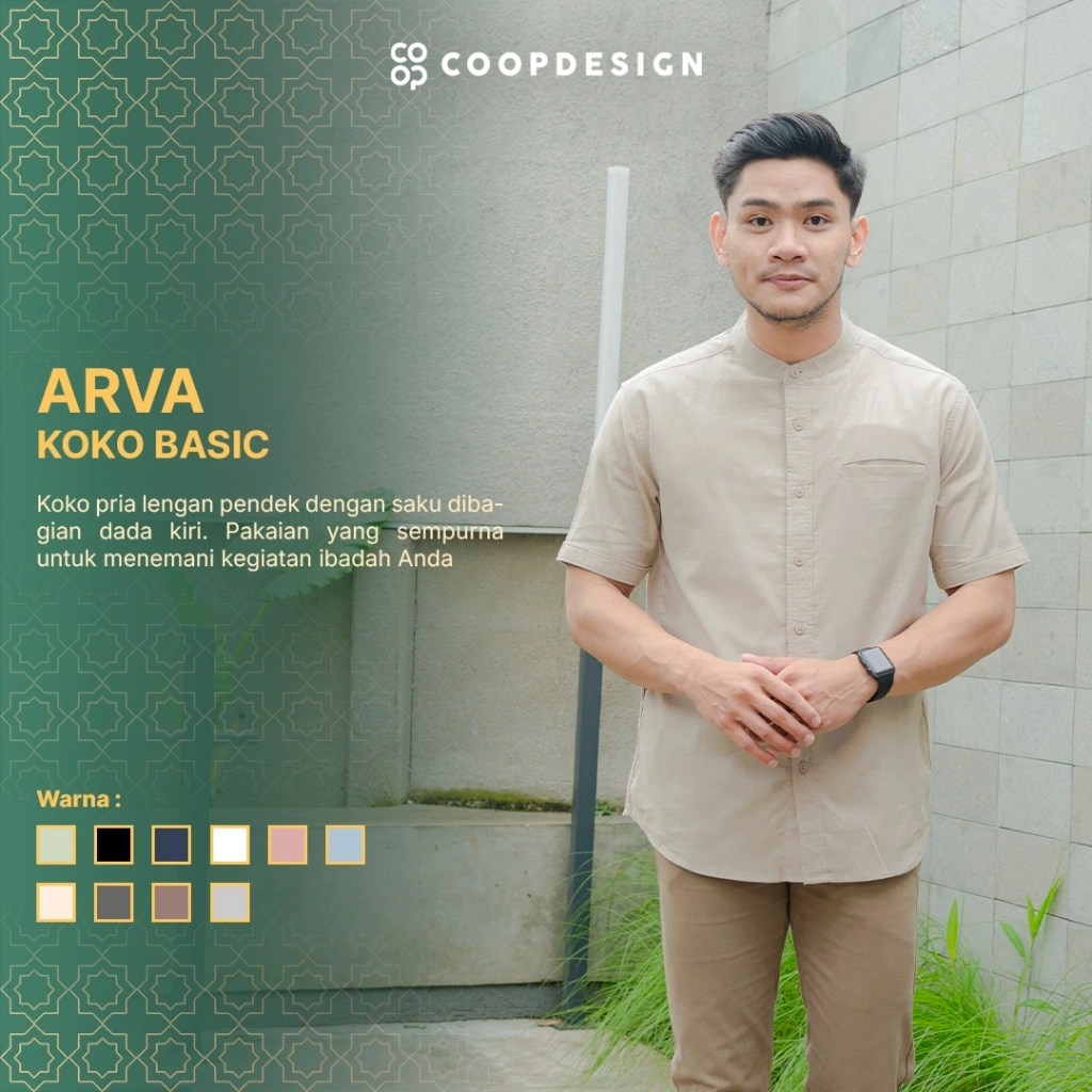 [Exclusive Baju Lebaran 2026] Coop Design - Arva Kemeja Koko Polos Kerah Changi Collarless Jenna Twill Dengan Saku Lengan Pendek Pria