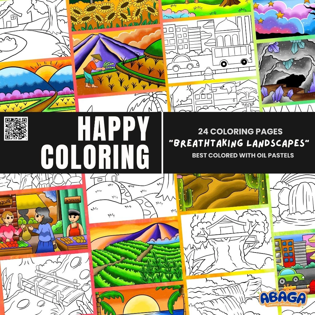 Happy Coloring | Tema Pemandangan Buku Mewarnai Anak Teknik Pastel | Contoh Hasil Mewarnai