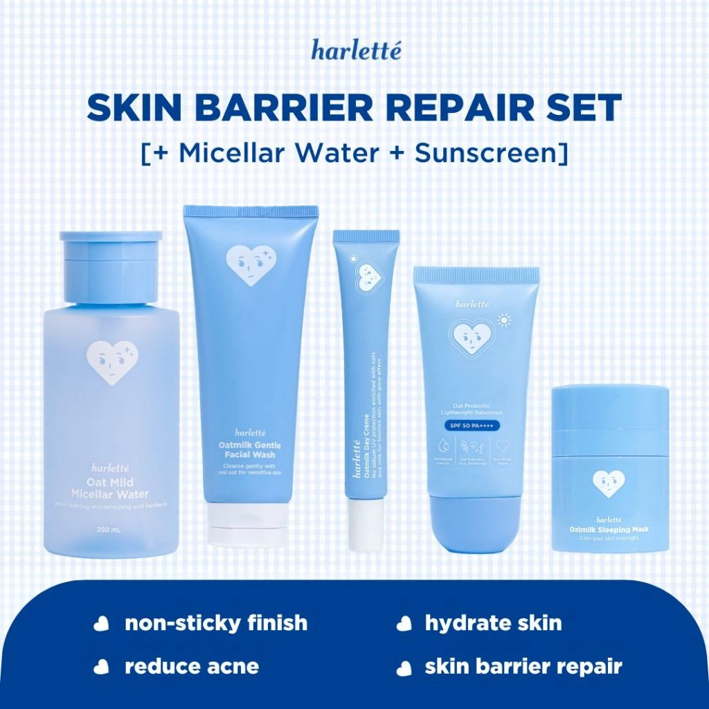 Harlette Oatmilk Bundle [+ MICELLAR WATER +SUNSCREEN] | 5 PRODUK untuk Kulit Oily, Kombinasi, dan Acne Prone, Mencerahkan, Skincare Wajah, Berjerawat