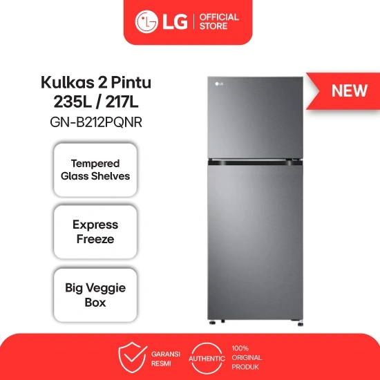 LG Kulkas 2 Pintu 235L / 217L - Multi Air Flow- LINEAR Cooling - Total No Frost - GN-B212PQNR
