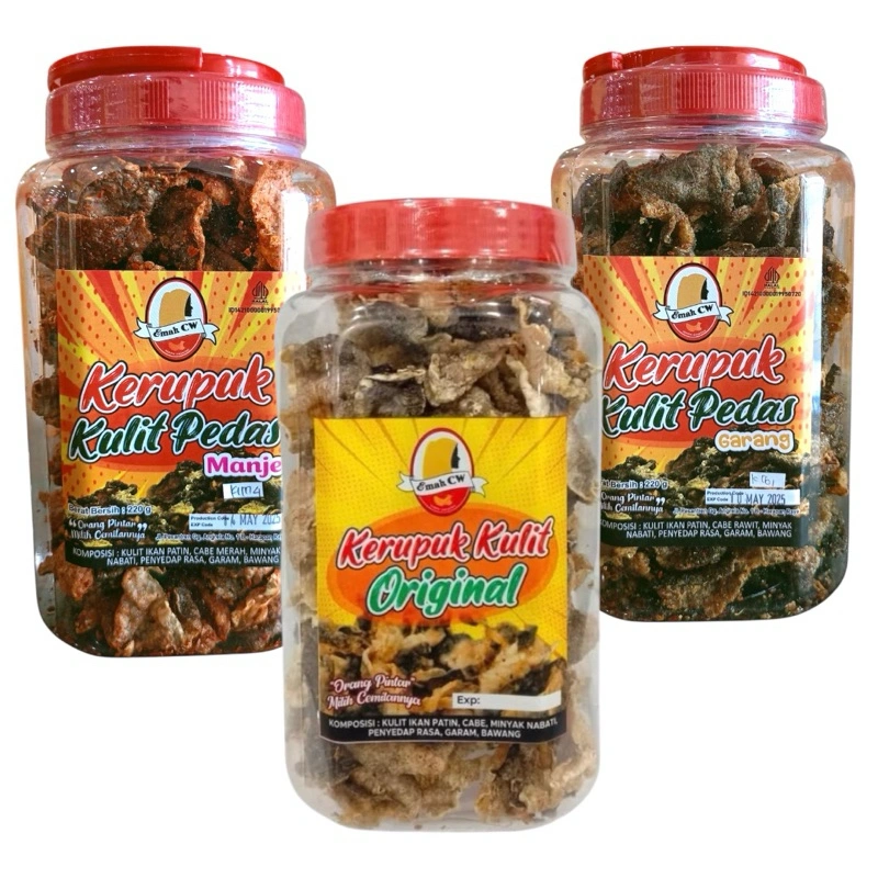Emak Cw - Keripik Kulit Paket Nage 33 (Kulit Ikan Pedas Garang toples,Kulit Ikan Original toples,Kulit Ikan Pedas Manje toples)