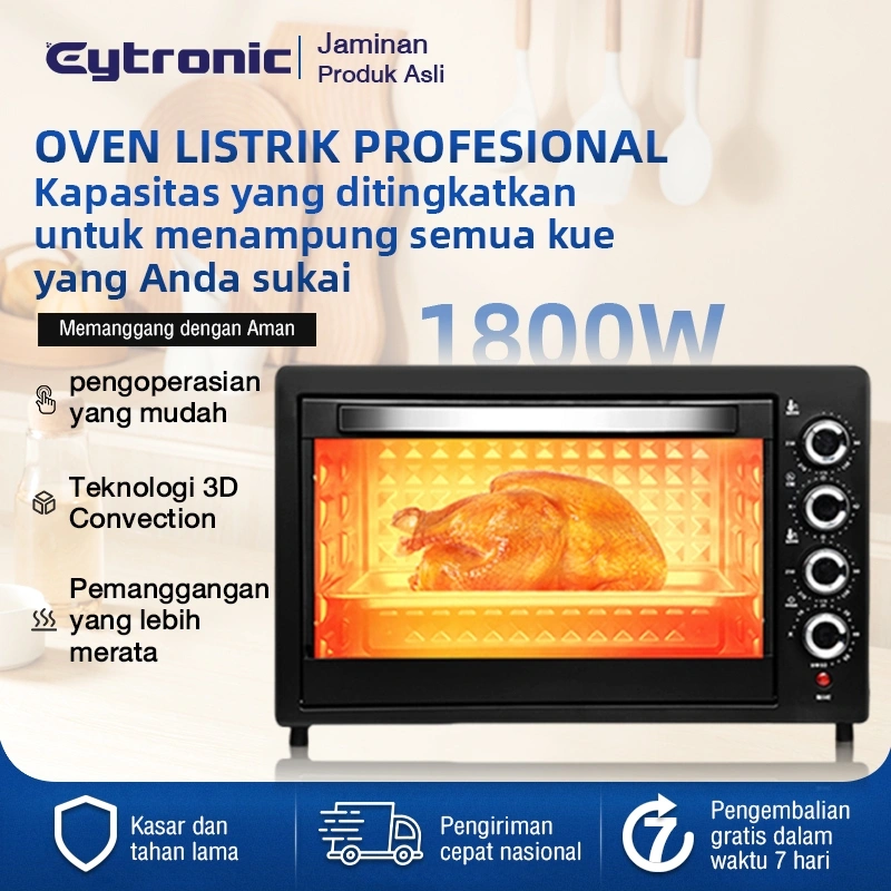 [Eytronic]Oven Listrik 1800W 42L - Pemanggang Ayam & Kue Kapasitas Besar, Desain Ringkas 57cm dengan 4 Aksesoris (Loyang/Jaring) untuk Rumah Tangga