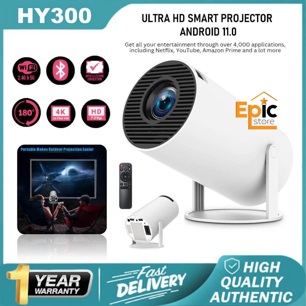 [BISA COD] HY300 Proyektor Android 11.0 Bluetooth Proyektor 2.4+5G Wifi 6 Portabel Minimalis Full HD