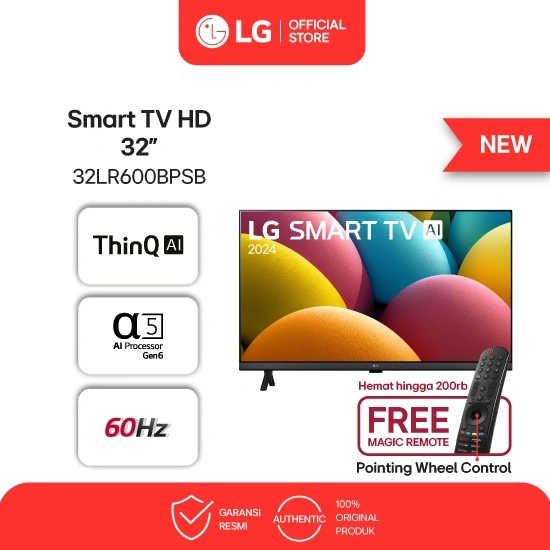 LG Smart TV HD 32 Inci - Magic Remote - 60Hz Native - webOS 23 - Black - Model 32LR600BPSB