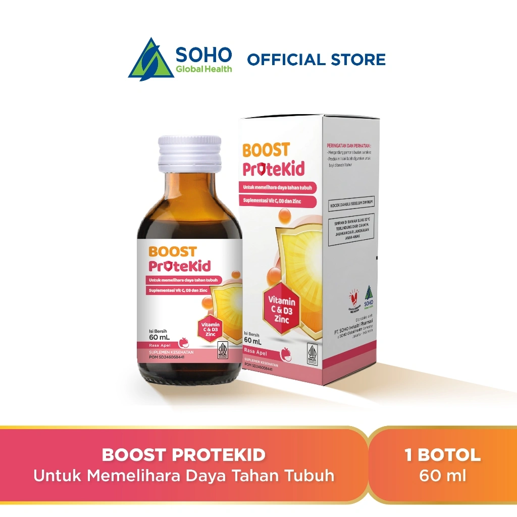 BOOST Protekid Suplemen Kesehatan Anak untuk Memelihara Daya Tahan Tubuh Harian & Pencernaan  mengandung Vitamin C & D3, Zinc Picolinate Rasa Apel - Sirup 60 ml