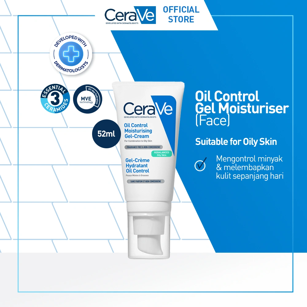 Cerave Oil Control Gel Moisturizer 52ml for Oily Skin (Moisturizer Untuk Kulit Berminyak) - Perkuat Skin Barrier & Kontrol Minyak Berlebih Gratis Hadiah