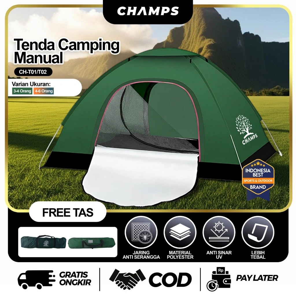 CHAMPS Tenda Camping Murah – Tenda Lipat 2–4 Orang Anti Air Ringan & Praktis untuk Outdoor & Gunung