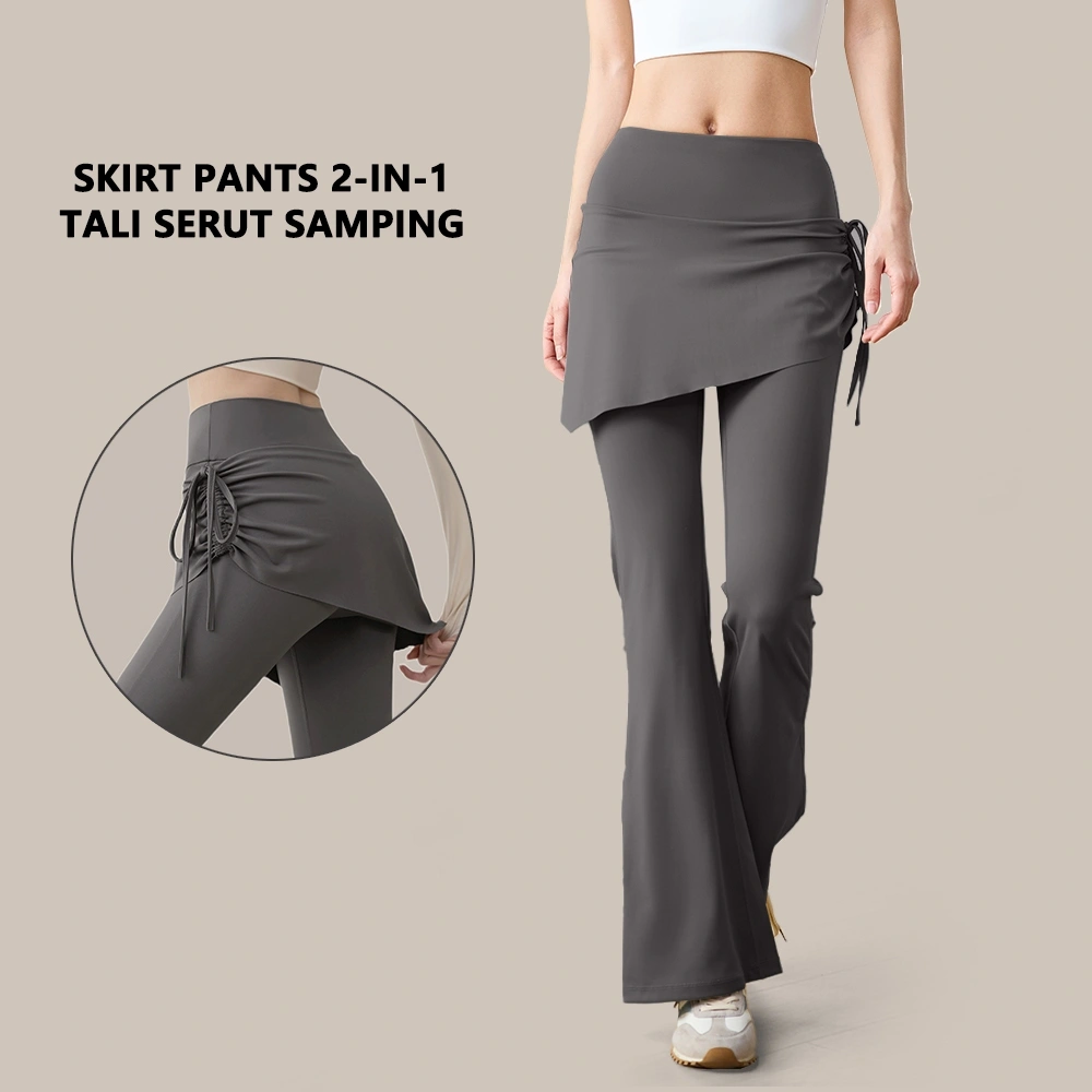 YOBAO 2-in-1 Legging Rok Celana Olahraga Wanita Highwaist Skirt Pant Tali Serut Samping Pilates Yoga