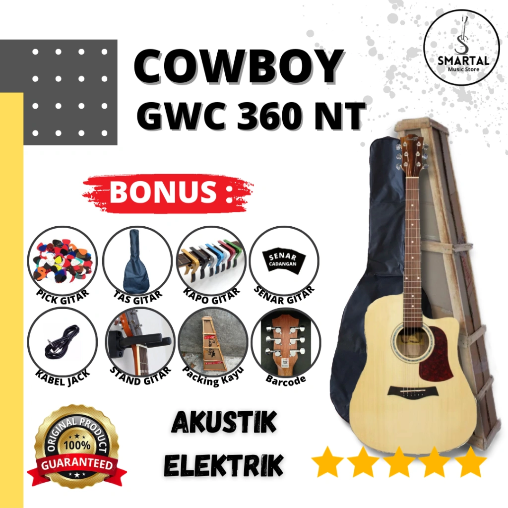 Gitar Akustik Elektrik Cowboy GWC 360 NT Original Equaliser Tuner Free Packing Kayu