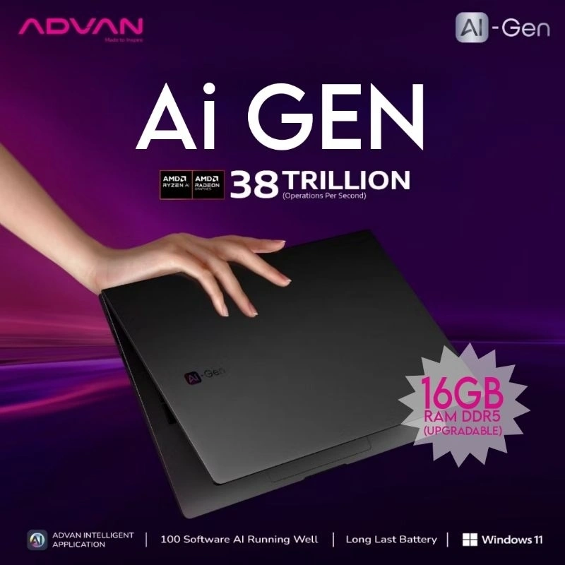 Laptop Advan Ai Gen AMD Ryzen 7 8845HS Ai With NPU AMD Ryzen Ai Ram 16GB SSD 512GB Windows 11 Laptop Advan Ai  Gen Notebook Advan Ai Gen