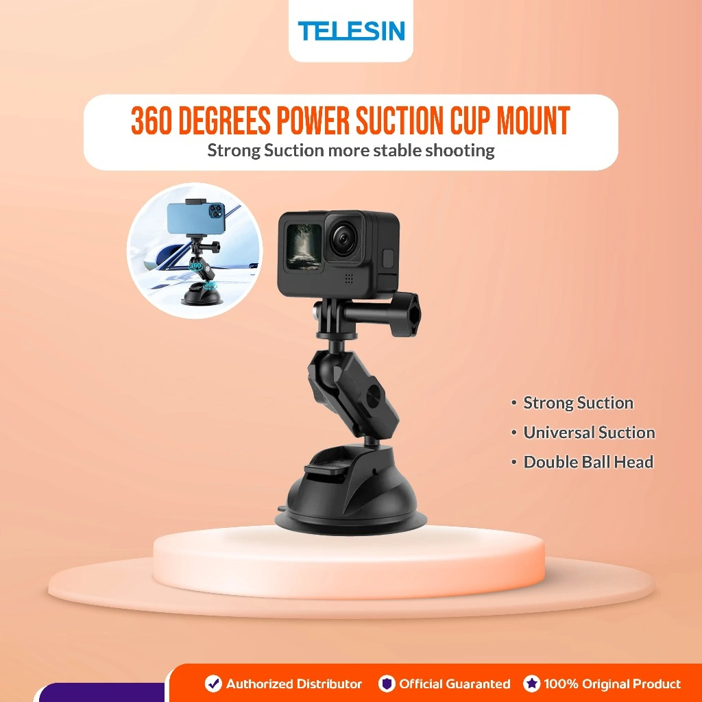 TELESIN 360 Degrees Power Suction Cup Mount With Phone Holder For HP Smartphone Action Cam GoPro Brica B-Pro5 Xiaomi Yi SJCAM Kogan Insta360 Osmo Camera Kaca Dashboard Mobil Mounting Dudukan Kamera