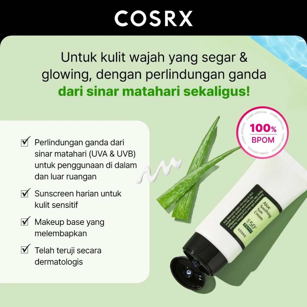 COSRX Aloe Soothing Sun Cream SPF 50+ PA+++ Skin Care - 50 ML (Tabir Surya Untuk Kulit Berminyak)