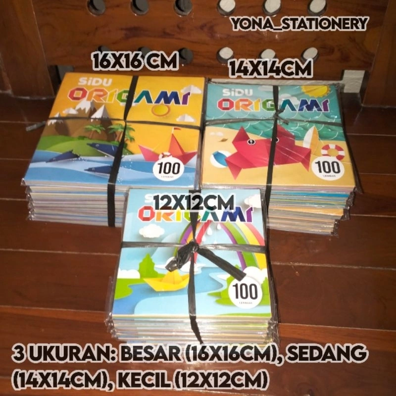 Origami Sidu ukuran Besar, Sedang, Kecil (1 Ikat: 10 Pak | 1 Pak: 100 l Lembar) | Ukuran: 16x16cm, 14x14cm, 12x12Cm