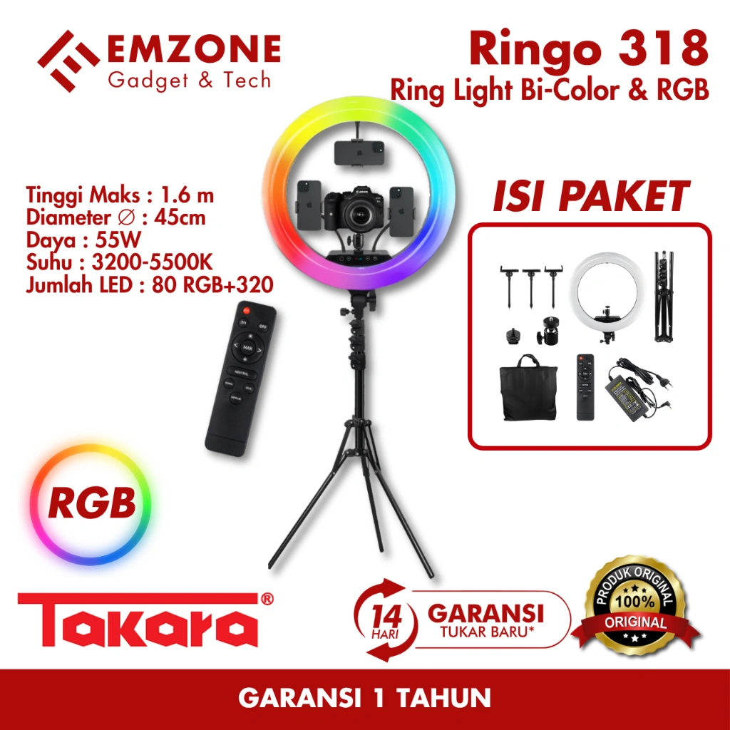 Takara RINGO 318R 18 Inch RGB & Bi-Color LED Ring Light Ringlight Kit