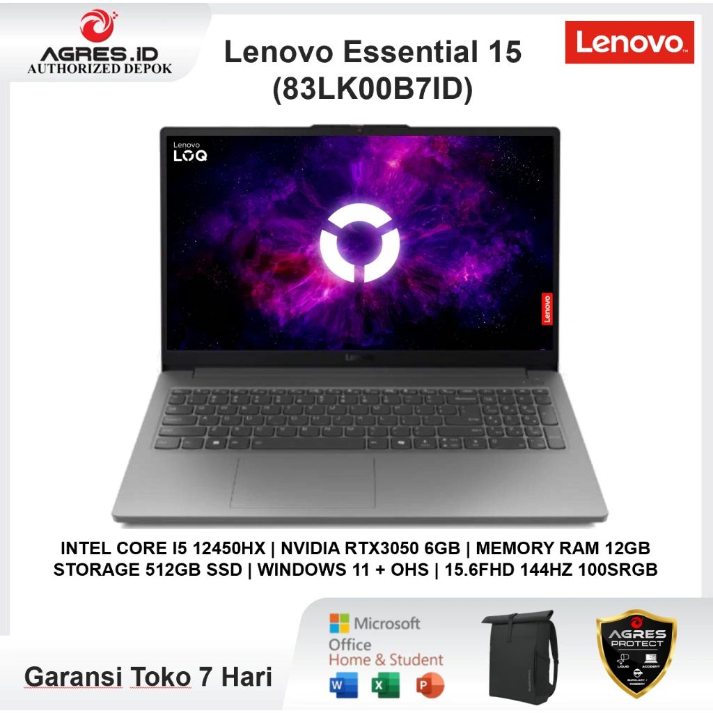 Laptop Lenovo LOQ Essential 15 I5 12450HX RTX3050 6GB 12GB 512GB Win 11 OHS 15.6 FHD 144Hz 100Srgb