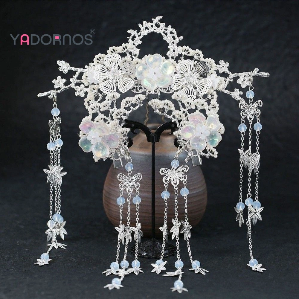 YADORNOS Chinese Silver -White Red Shore Bunga Aksesori Rambut Gaya Kuno - Bunga Berwarna Fantasi Liontin Jumbai Super Long - Klip Rambut Kupu -kupu