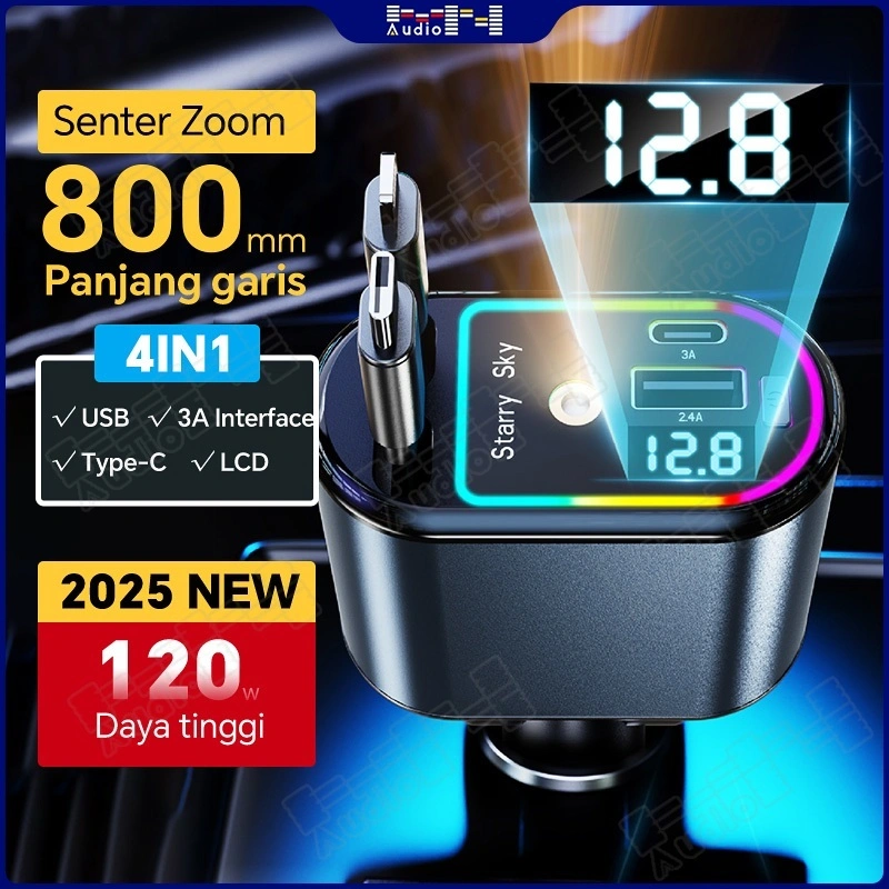 【COD 】Car Charger 4 in1 Pengisian Cepat PD 120W USB Type C & Untuk Lighning Fast Charging Rectractable Cable Dapat Diputar 180° RGB Starry Light Mobil Charger Iphone & Android