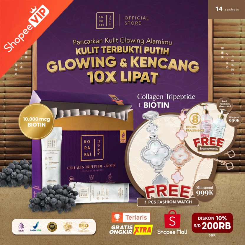 Korakei Collagen Tripeptide Biotin | Mencegah dan Mengobati Rambut Rontok, Kulit Glowing, Kuku Sehat & Tulang Kuat