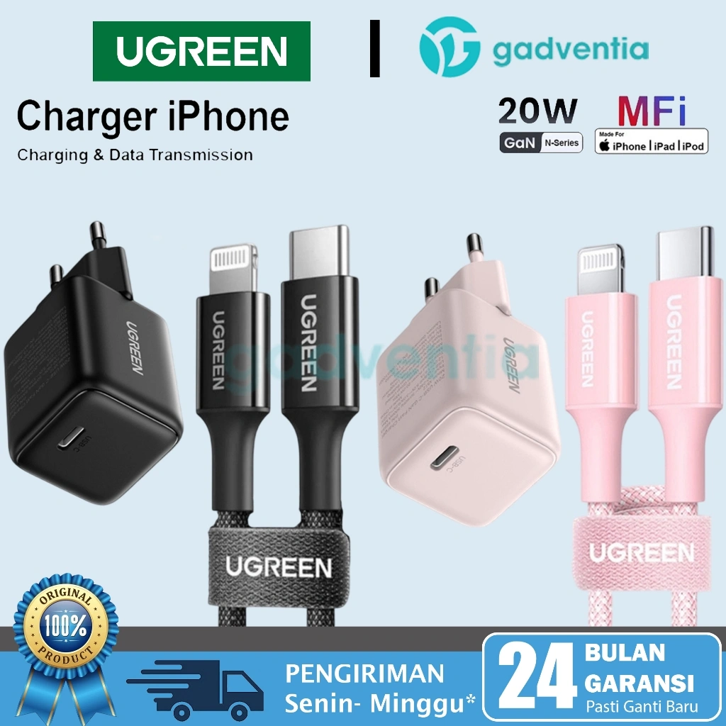 UGREEN Charger Set GaN Mini Untuk Handphone iPhone X XS XR 11 12 13 14 Pro Max iPad Air 2 Lightning MFI PD Type C Fast Charging 20W 30W