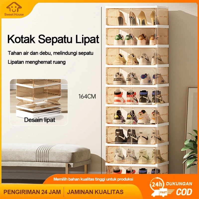 【Tidak perlu instalasi】Lemari Sepatu Rak Sepatu Susun Lipat Tertutup Bening Lemari Lipat Pintu Magnet/Kotak Sepatu Lipat /Kotak Penyimpanan Serba Guna