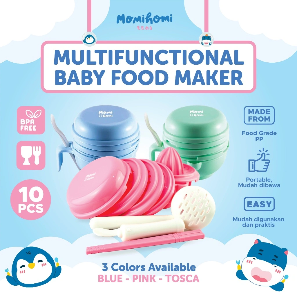 {PLASTIK TAHAN PANAS} MOMI HOMI Baby Food Maker 01 Grinding Bowl Alat Pembuat Makanan Bayi MPASI Anak set isi 10 pcs Mangkok Tempat Makan Pembuat Makanan Jus Buah Bayi Manual 10 IN 1