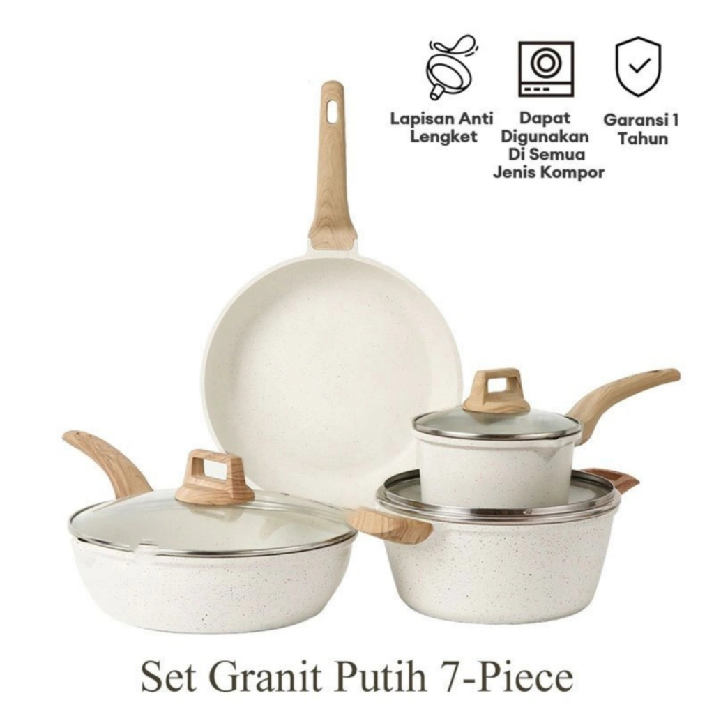 7PCS Putih Granit Antilengket Peralatan Masak Dapur Untuk Semua Kompor Panci Wajan Penggorengan Most Aesthetic Premium Non-stick